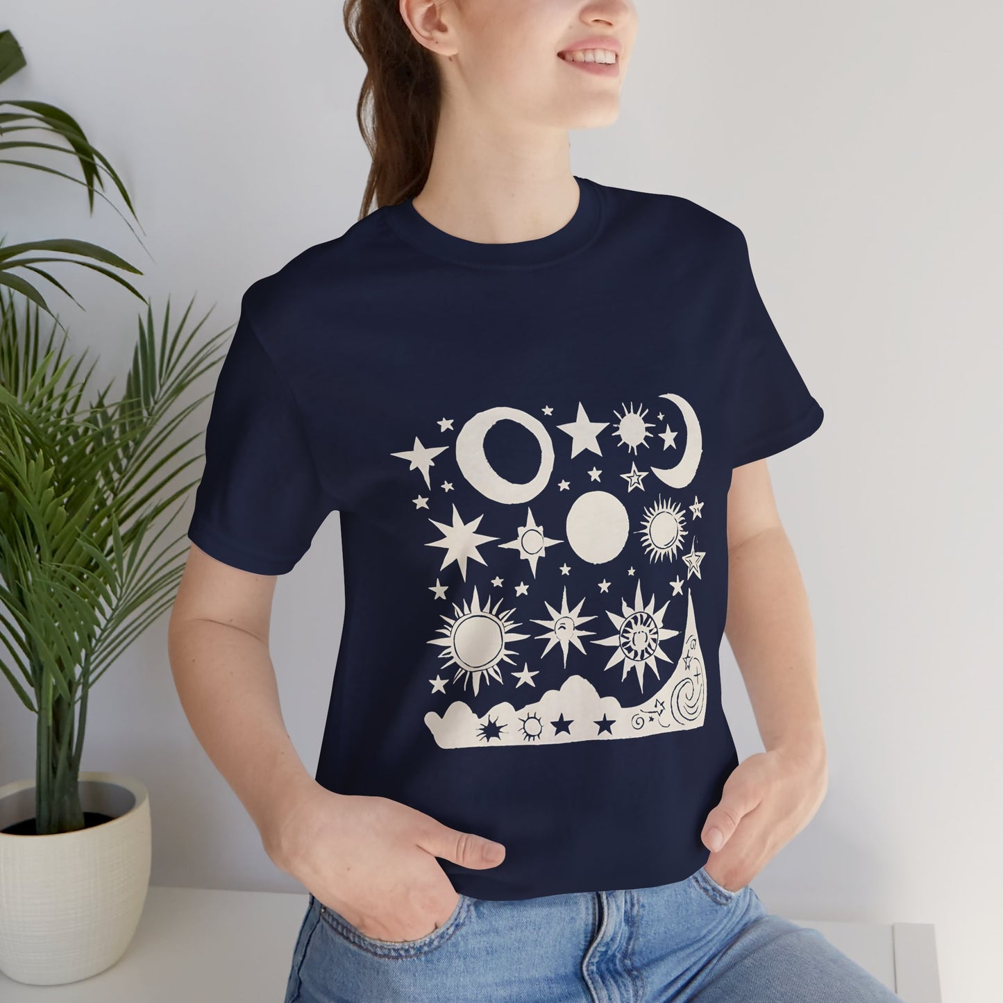 Celestial Vibes Unisex Short Sleeve Tee - Stars and Moons Design