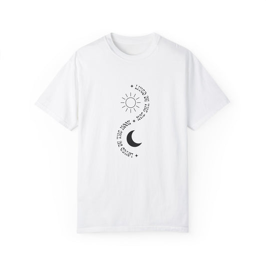 Unisex Garment-Dyed T-Shirt - 'Lived the Sun, Loved the Moon' Design - Bohemian Vibes, Perfect for Everyday Wear