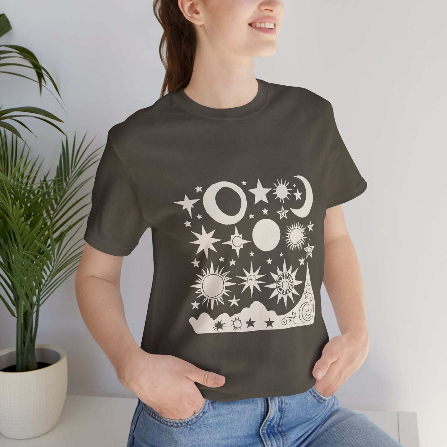 Celestial Vibes Unisex Short Sleeve Tee - Stars and Moons Design